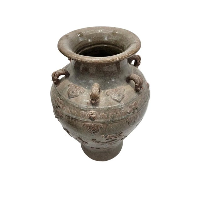 Antique Brown-Glazed Mataban Jar Vase This large antique Chinese urn has six small figural handles made of beasts and...