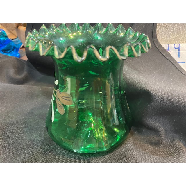 Glass Vintage Bohemian Hand Blown Green Glass Ruffle Vase With Hand-Painted Gold Enamel Flower Pattern and Leaves For Sale - Image 7 of 7