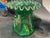 Glass Vintage Bohemian Hand Blown Green Glass Ruffle Vase With Hand-Painted Gold Enamel Flower Pattern and Leaves For Sale - Image 7 of 7
