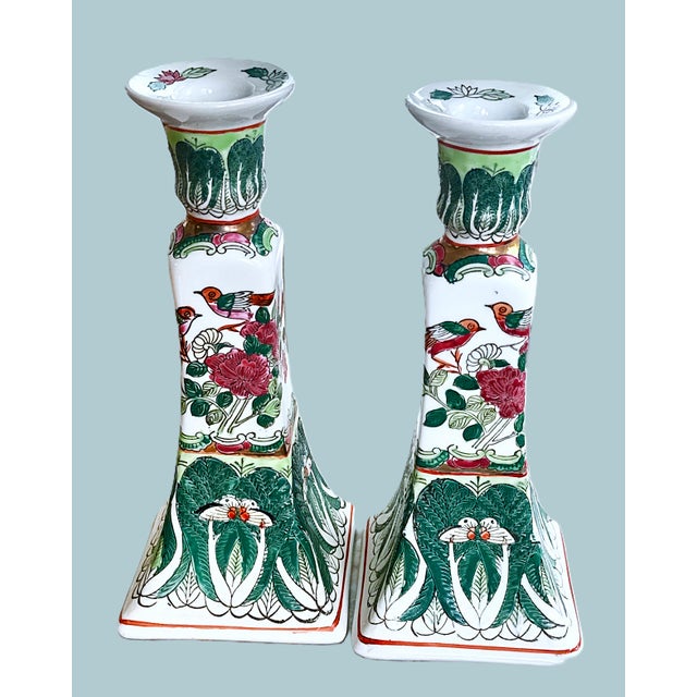 Chinoiserie Vintage Chinese Famille Verte Bok Choy Porcelain Candlestick Holders - A Pair For Sale - Image 3 of 14