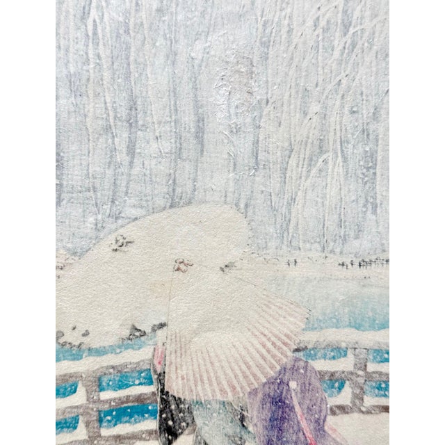 White Japanese Woodblock Print Snow on Willow Bridge by Ohara Shoson For Sale - Image 8 of 18