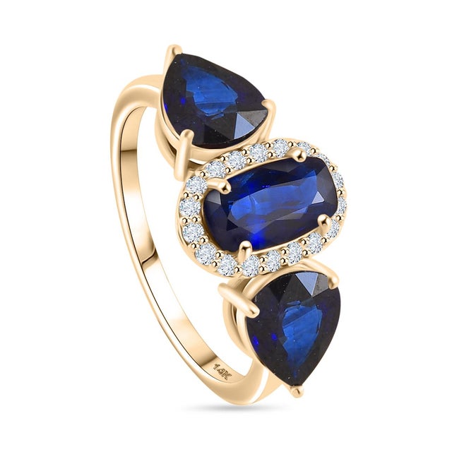 Navy Blue 14k Gold Blue Sapphire Diamond Three Stone Ring Size 6 For Sale - Image 8 of 12