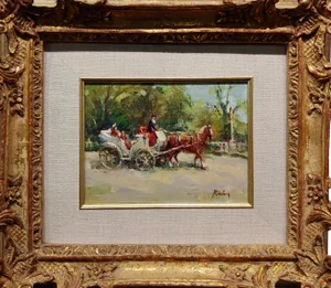 Claire Ruby -Mother & Daughter Sunday Ride in a Horse Carriage -Oil Painting