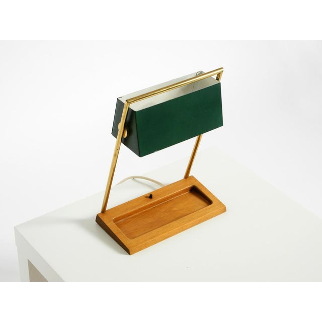 Mid-Century Modern Large Table Lamp with Brass Frame, Teak Base, and Green Lampshade from Temde, 1960s For Sale - Image 3 of 18