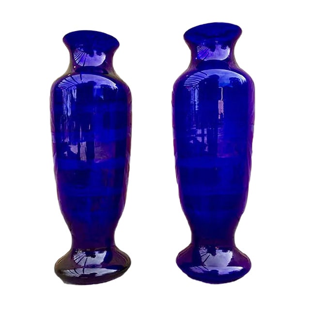 Vintage Italian Cobalt Blue Murano Glass Vases, Set of 2 For Sale