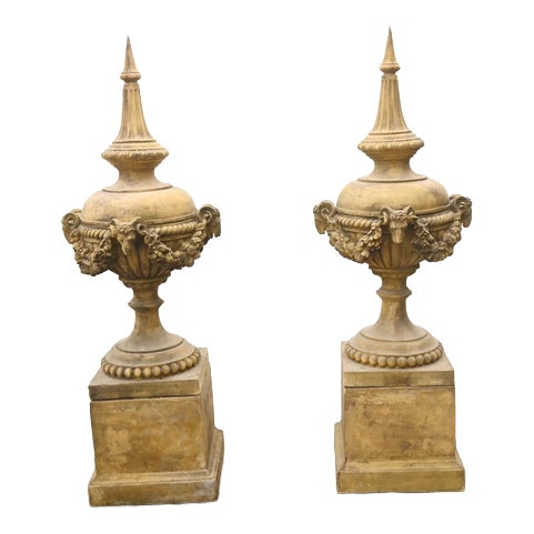 English Stone Garden Urns with Ram Masks, Set of 2 For Sale