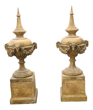 English Stone Garden Urns with Ram Masks, Set of 2
