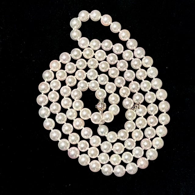 1990s Mikimoto Estate Akoya Pearl Diamond Necklace 36" 18k Gold For Sale - Image 9 of 12