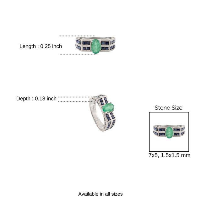 Classic 925 Silver Oval Emerald and Blue Sapphire Statement Band Ring for Her- Size 7 For Sale - Image 9 of 11