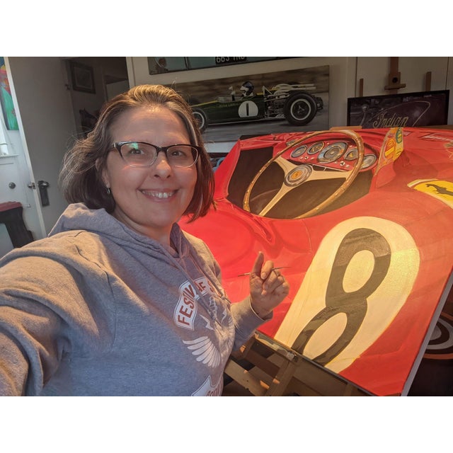 Realism 1954 Ferrari 750 Monza by Shan Fannin | Acrylic on Canvas Interior view of a classic race car. For Sale - Image 3 of 4