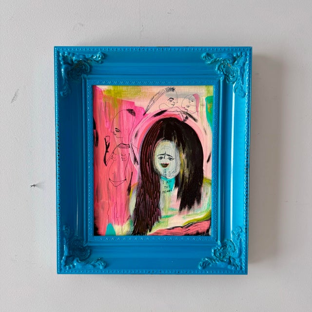 Vintage Mixed Media Mythical Alien Framed Abstract Portrait Painting, titled "I am the Moon" by Rachel. This piece is...