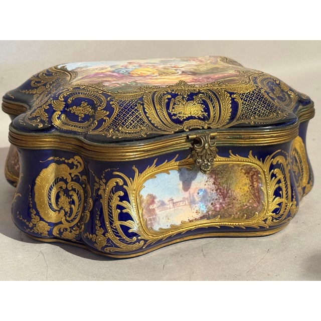 1860s Sevres Rococo Blue Gilt Porcelain Jewelry Box For Sale - Image 11 of 13
