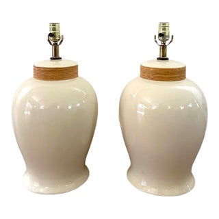 Hollywood Regency Ivory Ceramic & Rattan Ginger Jar Table Lamps - A Pair For Sale