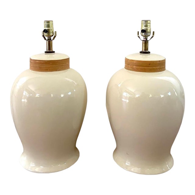 Hollywood Regency Ivory Ceramic & Rattan Ginger Jar Table Lamps - A Pair For Sale