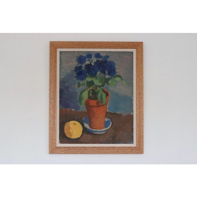 Olax, Blue Flower and Citrus, 1950s, Oil on Panel, Framed For Sale - Image 11 of 15