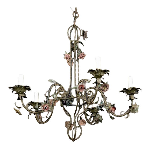 1930s Italian Five-Light Tole and Wrought Iron Chandelier For Sale