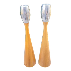 Dansk Wooden and Chrome Candlestick Holders- a Pair