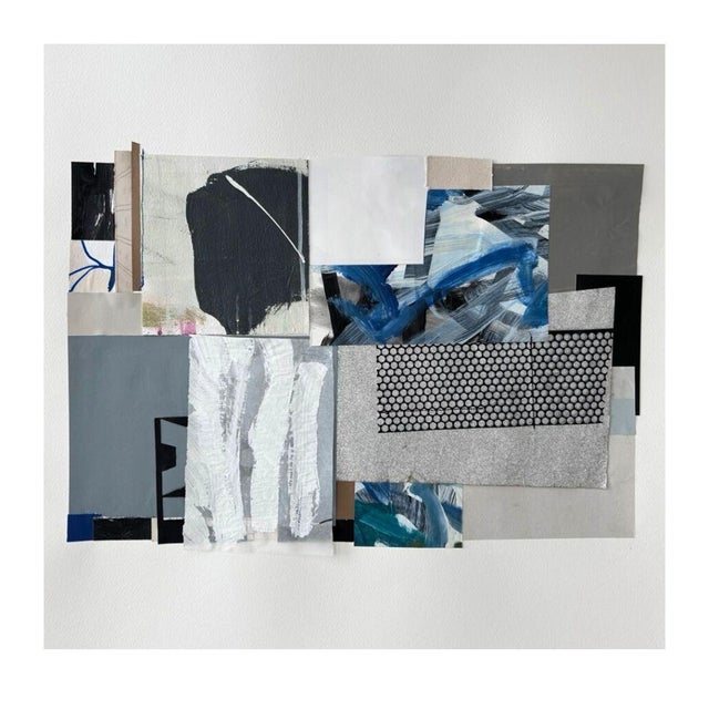 2020s Set of 3 Modern Abstract Paper Collages — Blue, Grey & Silver Mixed Media With Stitching For Sale - Image 5 of 7