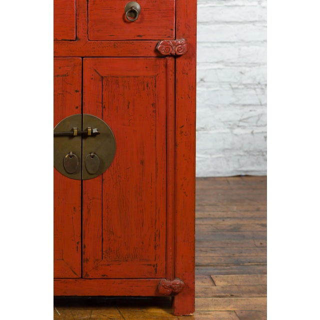 19th Century Qing Dynasty Red Lacquer Small Cabinet with Doors & Drawers For Sale - Image 4 of 13
