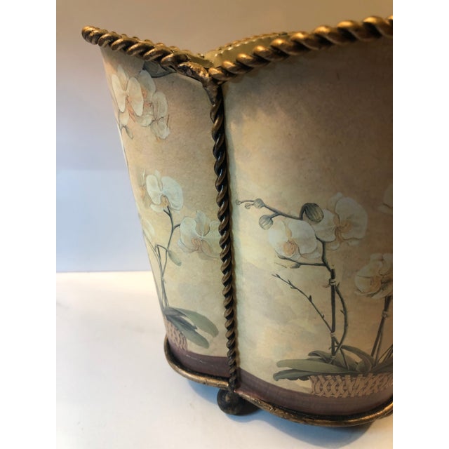 Vintage Tole Orchid Wastebasket With Scalloped Edge For Sale - Image 4 of 10