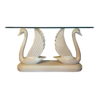 1980s Double Carved Wood Swan Console Table With Oval Glass Top For Sale