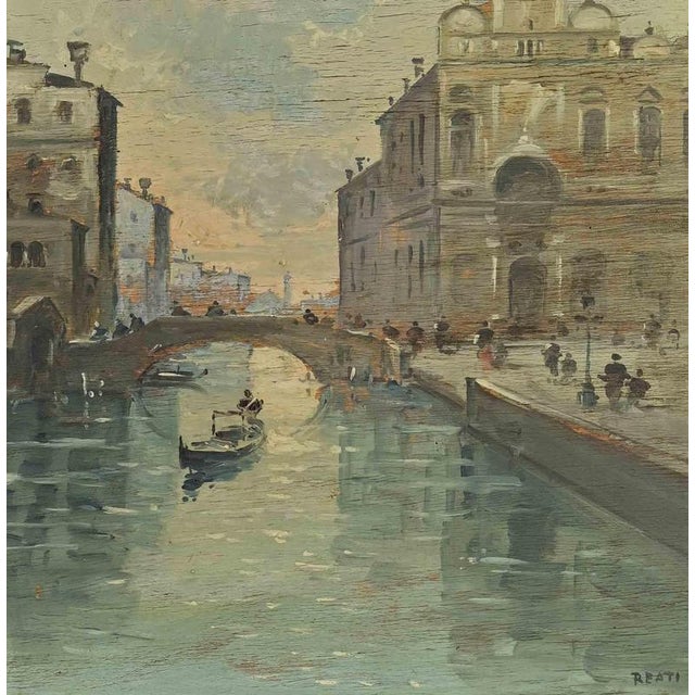 Oil on panel, realized around 1860s. Signed lower right "Reati". A charming and atmospheric Venetian view by Italian...