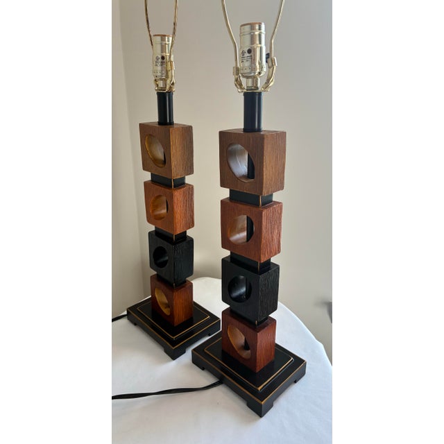 Mid-Century Modern Stacked Geometric Wooden Cube Table Lamps - Pair For Sale - Image 6 of 12