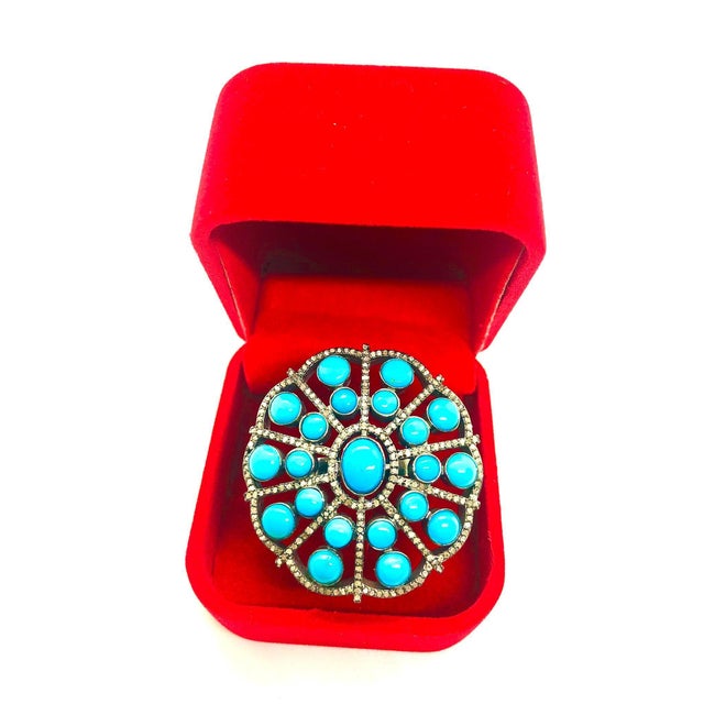 Bochic “Orient” Diamond & Turquoise Ring Set In 18K Gold & Silver Natural Multi Turquoise 6.00 Carat Natural Cognac...