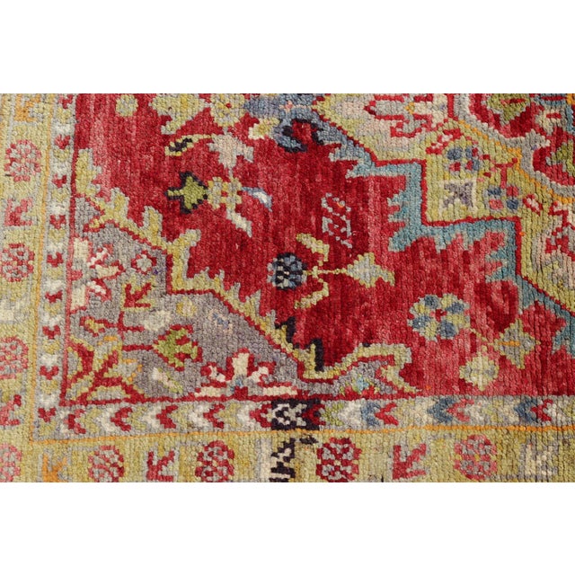 Textile Antique Turkish Oushak Medallion Rug in Red, Lime Green, Gray & Light Blue For Sale - Image 7 of 11
