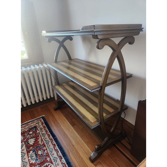 Display shelf in french country style. Distressed laquered finish in olive and tan tones. Looks hand-brushed. This is the...