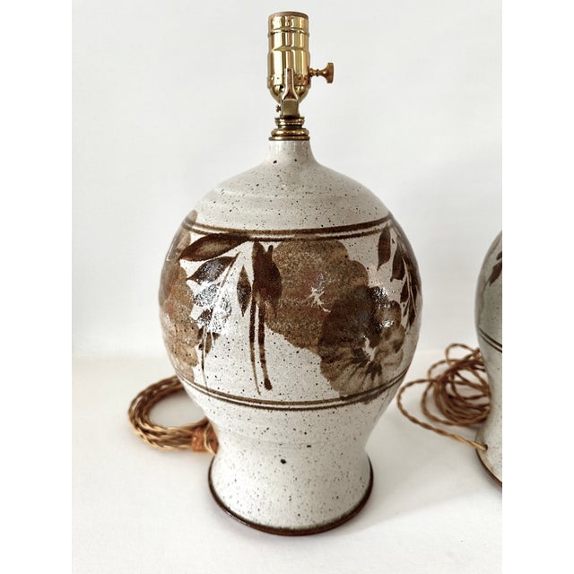 1970s Hand Thrown Stoneware Lamps With Floral Motif - a Pairf For Sale - Image 10 of 15