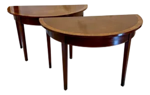 Large Antique George III Demi Lune Console Tables in Figured Mahogany, 1800, Set of 2