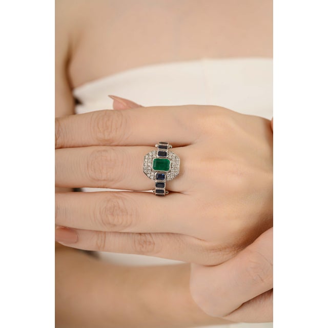 14k Gold Step Cut East West Accent Gem Art Deco Statement Ring Size 5.5 For Sale - Image 4 of 14