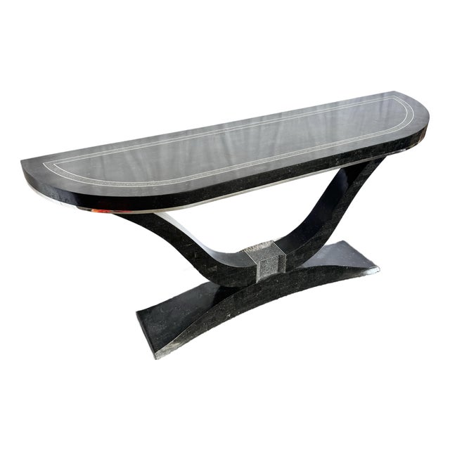Art Deco Sculptural Black Tessellated Stone a Console Table With Chrome Inlay For Sale