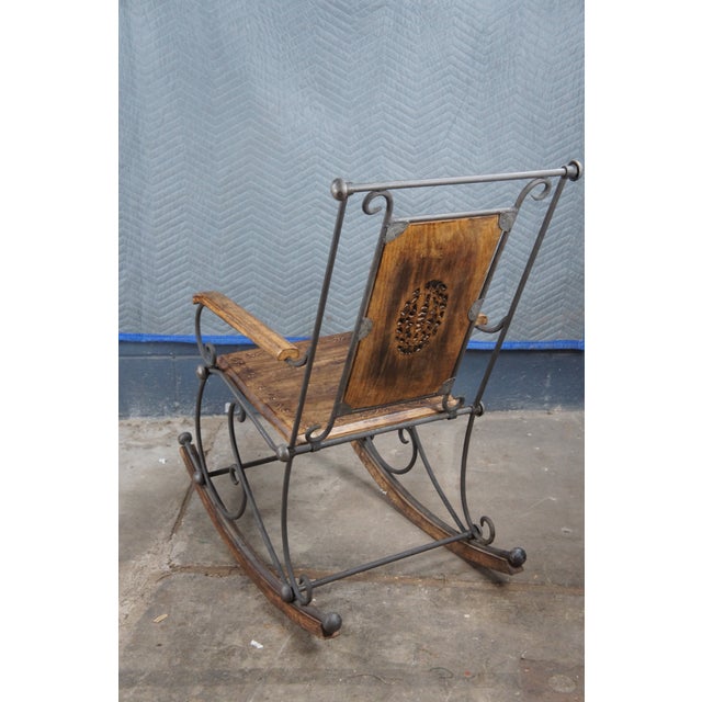 Brown Late 20th Century British Colonial Style Wrought Iron Carved Mahogany Rocking Armchair For Sale - Image 8 of 12