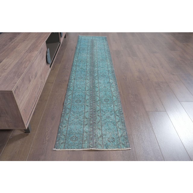 Turkish 1970 Vintage Handwoven Turquoise Turkish Runner For Sale - Image 3 of 10