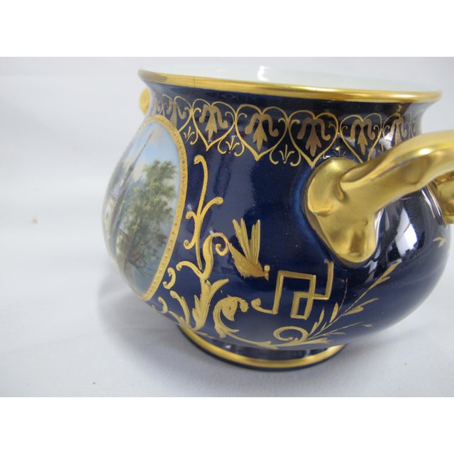Blue 19th Century Art Nouveau Hermann Voigt Karlsbad 19thc Gilt Hand Painted Church Landscape Porcelain Sugar Bowl For Sale - Image 8 of 14