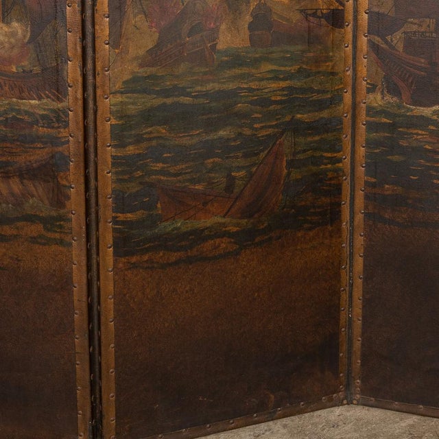20th Century Oil Painted on Leather Room Screen, 1920s For Sale - Image 17 of 18