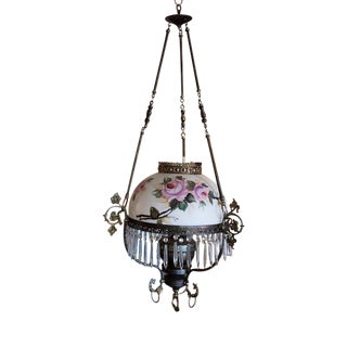 Victorian Hand Painted Brass & Crystal Kerosene Hanging Lamp C.1900 For Sale
