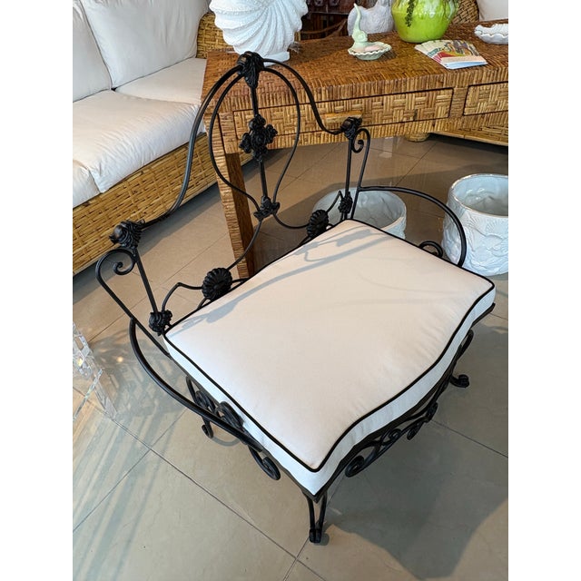 Black Vintage Wrought Iron Garden Patio Bench Stool Newly Upholstered Powder-Coated For Sale - Image 8 of 12