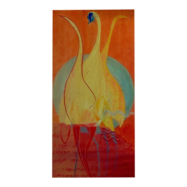 Contemporary, Orange, Cranes Birds, "Silver Moon" Oil Painting For Sale