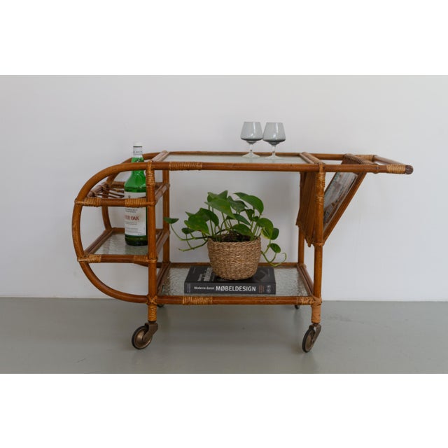 Wood Danish Bamboo and Rattan Bar Cart, 1950s For Sale - Image 7 of 18