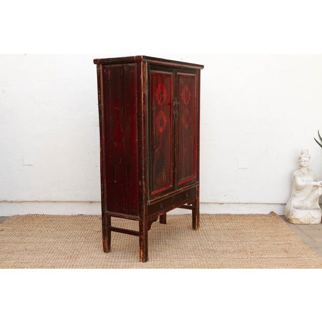 Antique Painted Medallions Red Lacquer Tall Cabinet For Sale In Los Angeles - Image 6 of 10