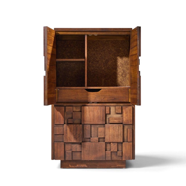 Lane Staccato Brutalist Mid Century Walnut Armoire Highboy Dresser For Sale - Image 9 of 10