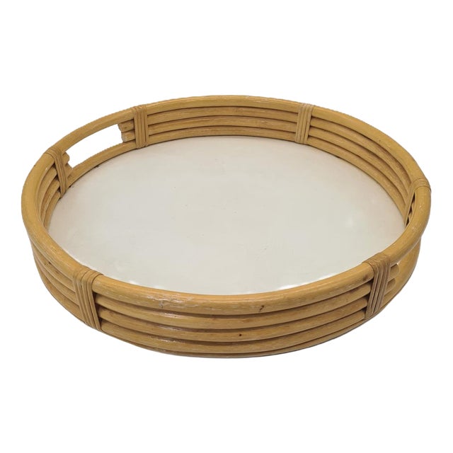 Vintage Round Rattan and Bamboo Tray, 1970s For Sale