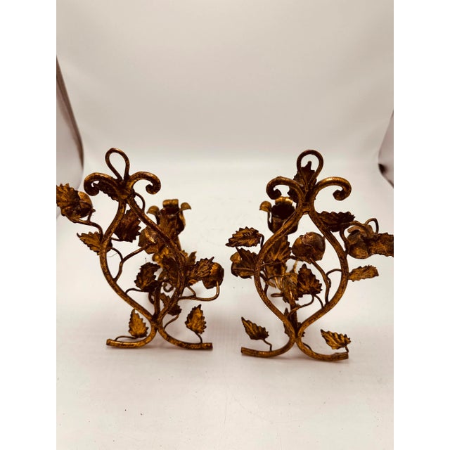 Metal Italian Gold Tole Candle Sconces, a Pair For Sale - Image 7 of 9