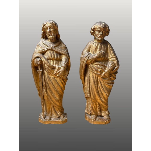 Saint Peter and Saint Paul, 17th-century gilt stucco wood sculpture For Sale