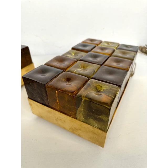 Pair of table or bedside brass box lamps with Murano glass cube marquetry. Contemporary work from a small italian...