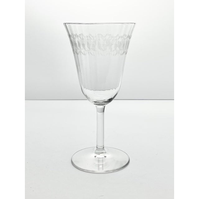 American 1920s Fostoria “Greek” Optic Greek Key Etched Wine or Water Glasses - Set of 9 For Sale - Image 3 of 5