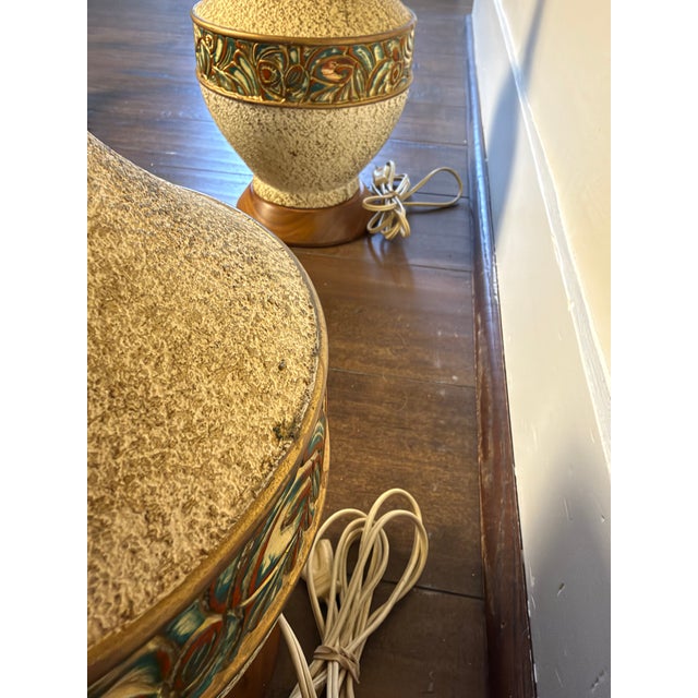 Pair of Vintage f.a.i.p. Fine Arts in Plaster Ceramic-Style & Wood Mid Century Modern Table Lamps For Sale - Image 4 of 10